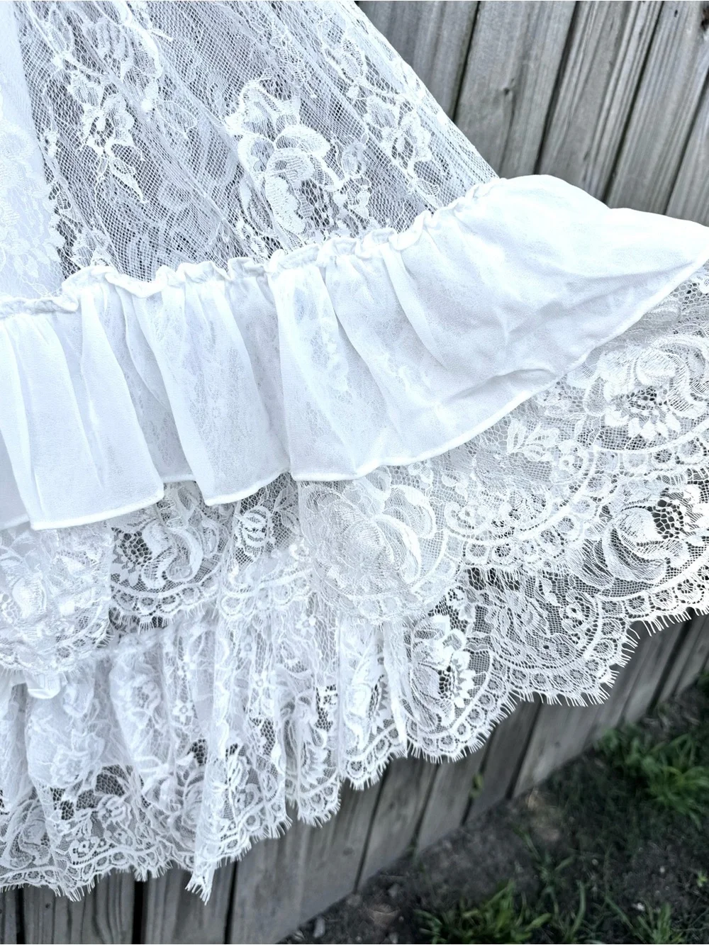 Cottagecore bohemian White Off Shoulder Lace High Low Maxi Dress, Size 4/5